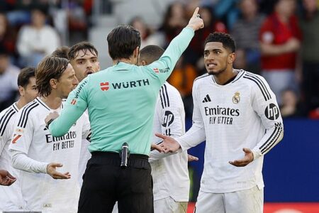 Barcelona boss Hansi Flick hits out at Jude Bellingham after Real Madrid star’s purple card for his X-rated message to referee claiming he mentioned ‘f*** off’